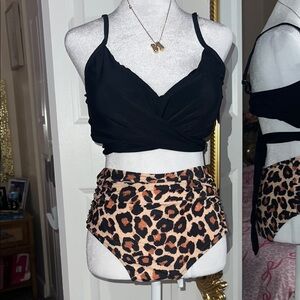 Black Top and Leopard Print Bikini Set